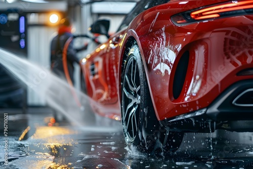 High-pressure washer used by auto detailer to rinse red performance car at shop. Concept Car Detailing, High-Pressure Washer, Red Supercar, Auto Shop, Rinse