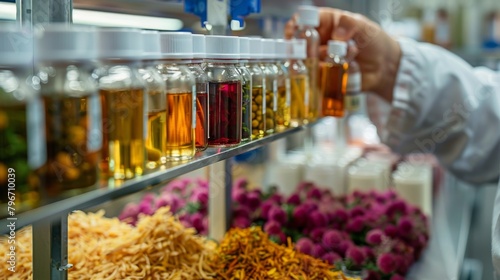 A researcher inspecting vials of plant extracts, exploring natural compounds for their potential medicinal properties in a laboratory setting.