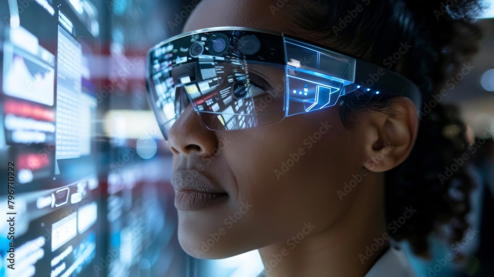 A person wearing smart glasses with augmented reality overlays, enhancing productivity and providing real-time information in a wearable format. A person wearing smart glasses with augmented reality overlays, enhancing productivity and providing real-time information in a wearable format.