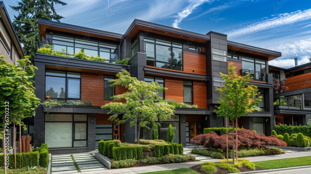 Obraz premium Modern townhome with a rooftop garden AI generated illustration