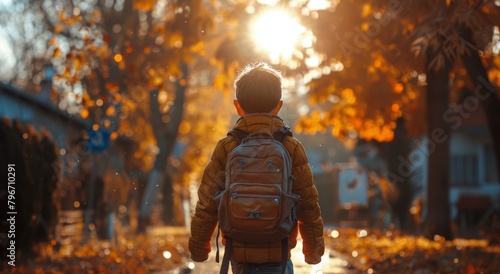 Young Boy Walking Down a Fall Street