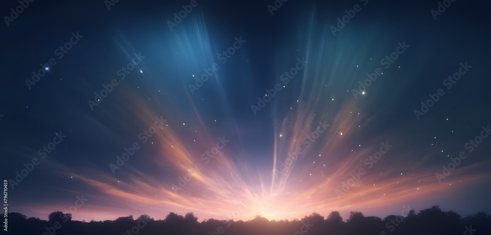 Beautiful sky with dark blue clouds and magical scattering of starburst flares. Abstract sky background in sweet color