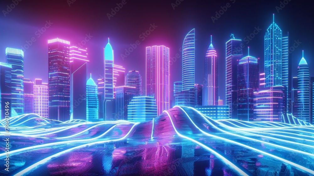 Neon waves representing clean energy sources in a futuristic city  AI generated illustration