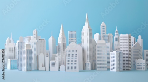 Paper cutouts of office buildings arranged in a 3D cityscape  AI generated illustration