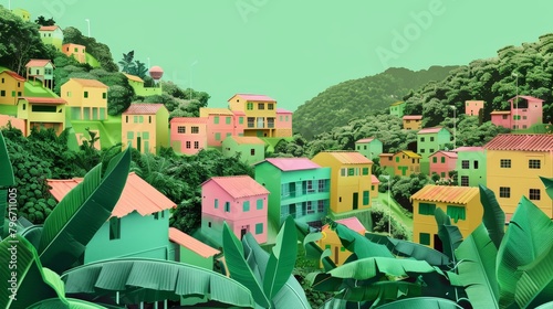 Pastel-colored village with eco-conscious inhabitants  AI generated illustration