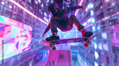 Pixelated skateboarder performing tricks in a virtual reality skate park AI generated illustration