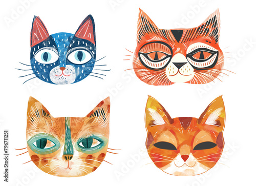 Colorful and Whimsical Hand-Painted Cat Portraits on a Transparent Background