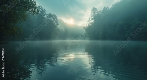 Foggy Day Lake Surrounded by Trees