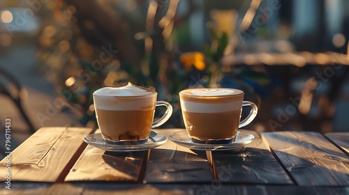 Two cups of fresh hot cappuccino on a wooden table outdoors