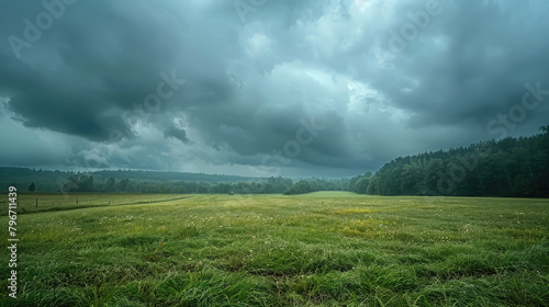 cloudy sky with thunderclouds over a green field and forest, rain, landscape, nature, weather, emerald green, meteorology, atmospheric valley view, trees, harvest photo