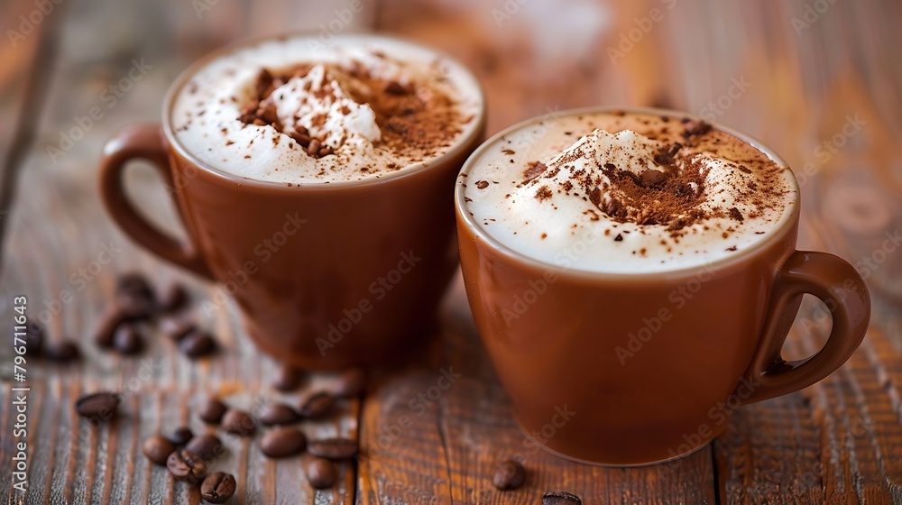Two perfect cups of cappuccino on a wooden table close up Two perfect cups of cappuccino on a wooden table close up