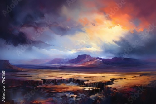 A painting of a vast desert landscape with a mountain range in the distance. The sky is a stormy gray with bright  glowing clouds. There is a canyon in the foreground.