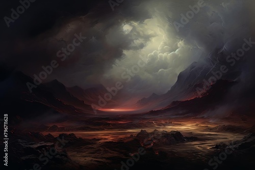 A dark and stormy night. The sky is lit up by a bolt of lightning. The trees are silhouetted against the sky. The ground is covered in rocks and boulders.