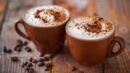 Two perfect cups of cappuccino on a wooden table close up
