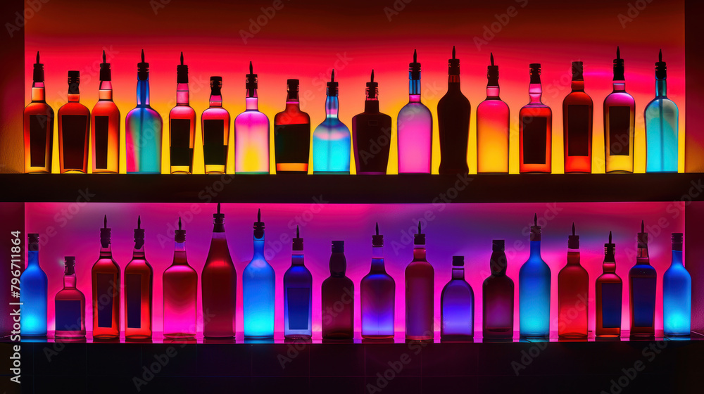 Multi-colored bottles of alcohol in bar, restaurant or liquor store Multi-colored bottles of alcohol in bar, restaurant or liquor store