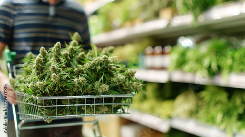 Man with shopping cart full of cannabis in supermarket