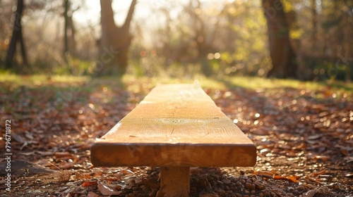 Blurry image of a playful wooden seesaw set in a peaceful park setting. The warm tones and soft focus create a sense of nostalgia. . photo