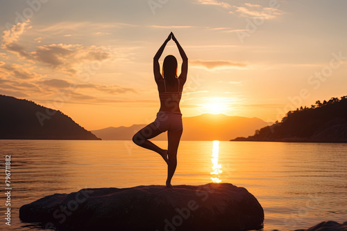 Eine spirituelle Yoga-Sitzung in der Natur bei Sonnenuntergang am See