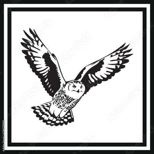 Snowy owl in flight silhouette clipart on a white background