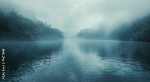 Foggy Day Lake Surrounded by Trees © yganko