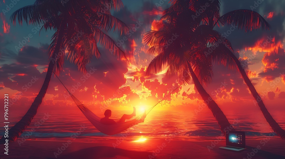 a serene beach at sunset with a silhouetted figure resting in a hammock tied between two palm trees