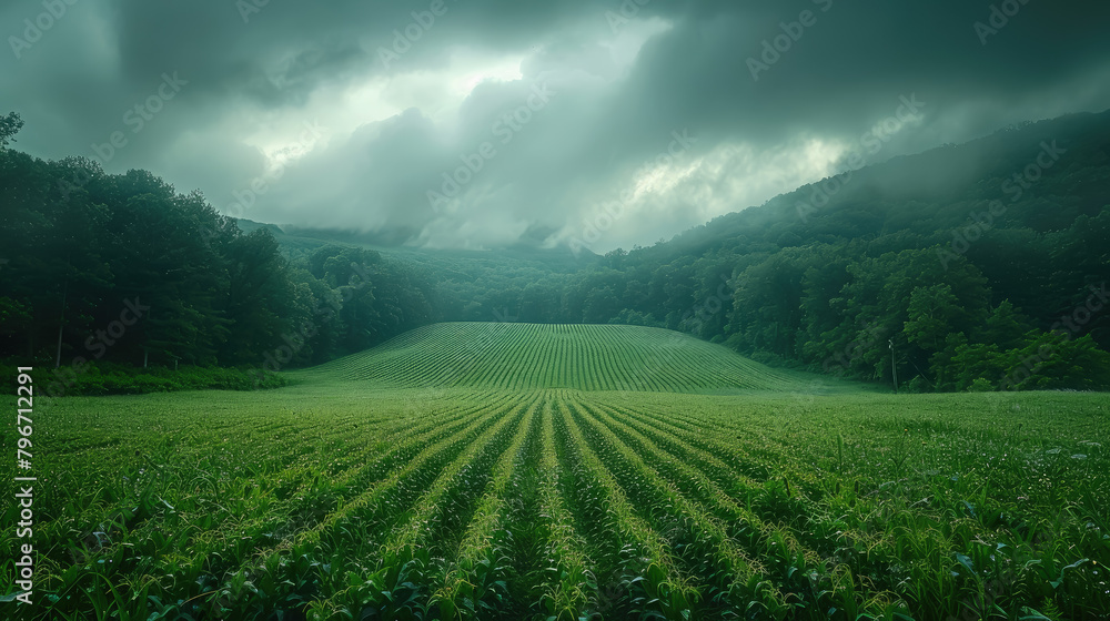 cloudy sky with thunderclouds over a green field and forest, rain, landscape, nature, weather, emerald green, meteorology, atmospheric valley view, trees, harvest
