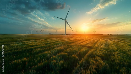 Tall white wind turbines in green field harness wind for renewable energy. Concept Renewable Energy, Wind Power, Green Technology, Sustainability