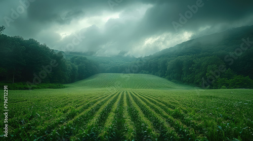 cloudy sky with thunderclouds over a green field and forest, rain, landscape, nature, weather, emerald green, meteorology, atmospheric valley view, trees, harvest