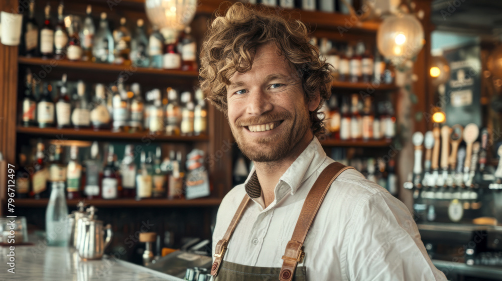 Smiling young male bartender in apron Smiling young male bartender in apron