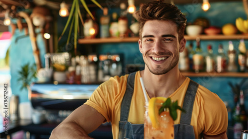 Barman in beach bar, showing tropical cocktail