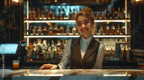 Young happy female bartender in formal wear