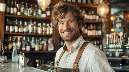 Smiling young male bartender in apron © Kondor83