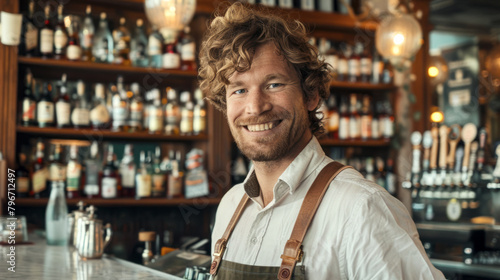 Smiling young male bartender in apron