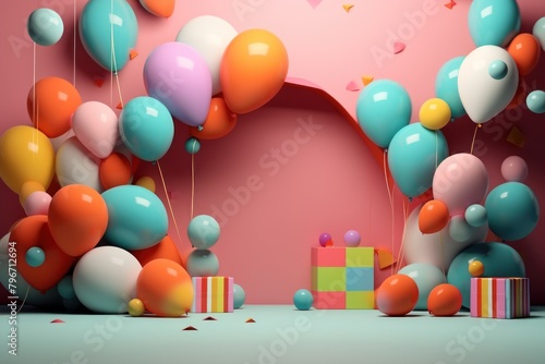 Colorful Birthday party background with gift box, birthday cake and balloons. Birthday Concept with Copy Space. Greeting card for birthday. space for text. 3d illustration.