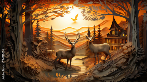 fairy-tale deer with antlers against the background of a forest and a magical house, illustration cut out of paper, wallpaper, nature, animals, fawn, dream, fantasy