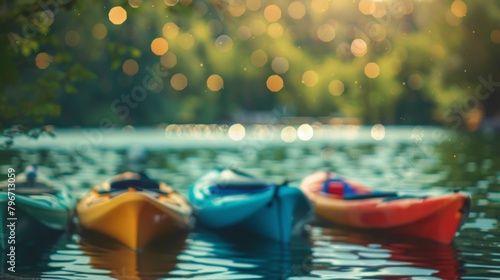 A hazy defocused image of a tranquil cove dotted with colorful paddleboards and canoes. The suns golden rays shimmer on the water adding a warm and inviting touch to the otherwise . photo
