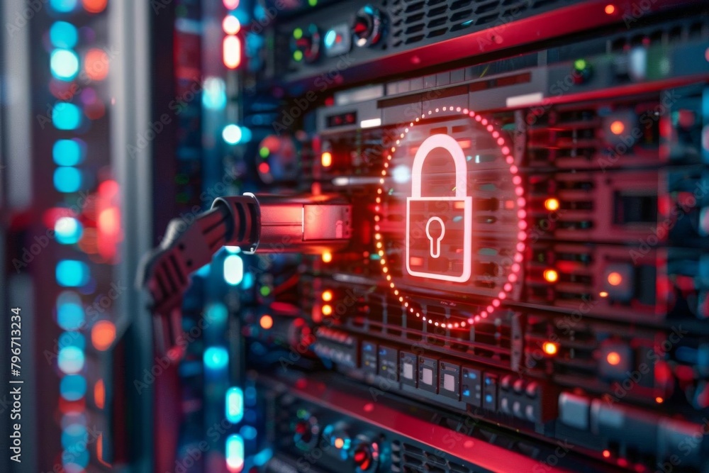 A red glowing padlock icon superimposed on a dark background of a server room