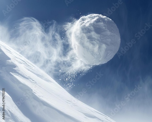 A large snowball rolling down a snowy mountainside showing a snowball effect