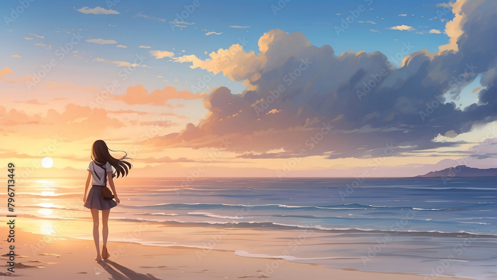 a girl looking at the sunset on the beach