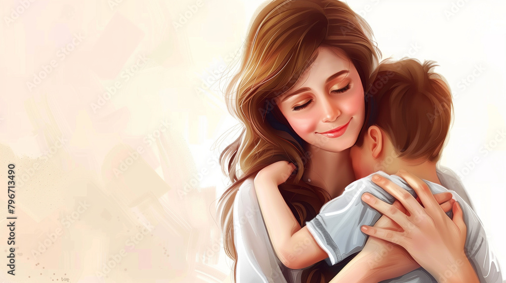 Mother and son daughter mother´s day illustration care love hug kindness Mother and son daughter mother´s day illustration care love hug kindness