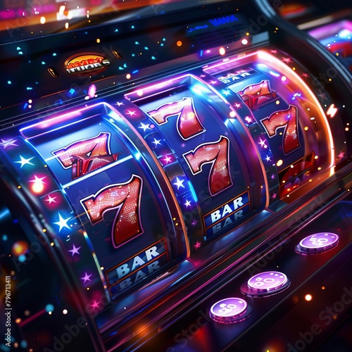 A photo of a slot machine with a cherry, a seven, and a bar symbol on the reels