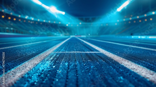 The unfocused lights and shadows of a bustling stadium bring a sense of motion and exhilaration to the scene of Track and Field Thrill. .