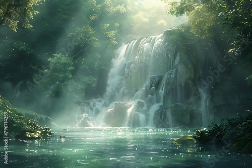 Amidst a dense, emerald forest, a secluded waterfall cascades gracefully into a crystalline pool below. Sunlight filters through the verdant canopy,. photo