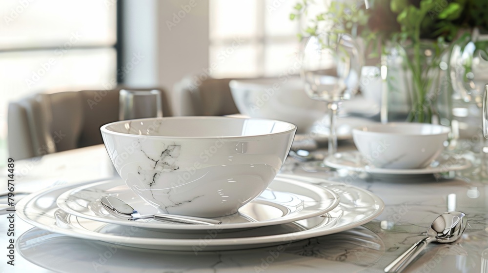 A table setting with elegant ceramic dinnerware featuring a sophisticated and glossy marblelike finish..