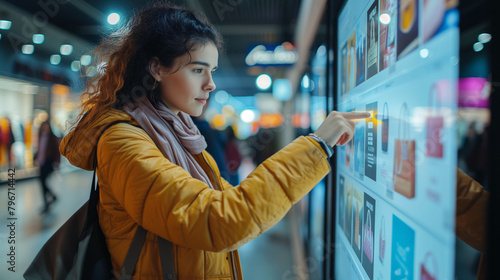 A woman interacting with a smart screen. Woman choosing products on an interactive display. Concept of technology and lifestyle