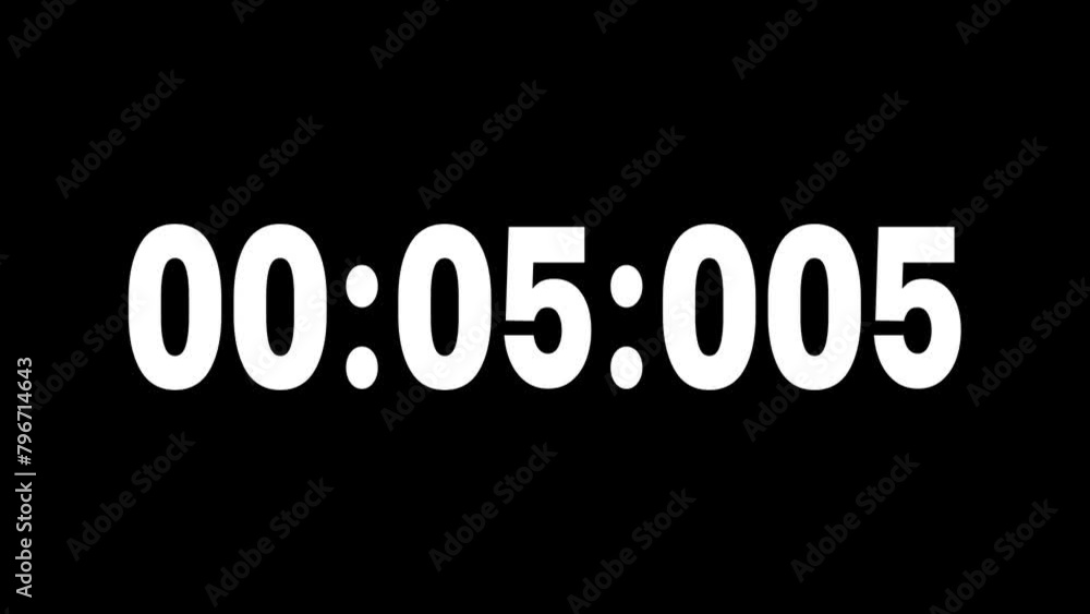 Clock with white numbers on black background display. Digital timer starting from 0 seconds to 5 minute Clock with white numbers on black background display. Digital timer starting from 0 seconds to 5 minute