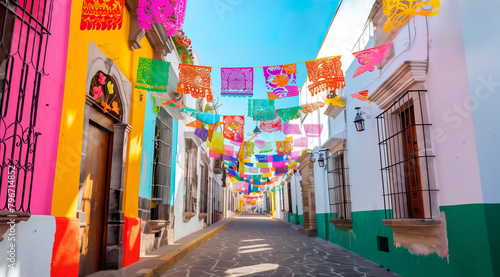 Colorful Mexican Paper pennants Bunting in the streets, colorful paper cutouts hanging on buildings in the style of Mexico © George