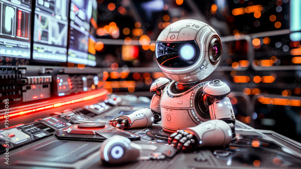 A cheerful robot surrounded by advanced technology and control panels, embodying futuristic artificial intelligence and automation. A cheerful robot surrounded by advanced technology and control panels, embodying futuristic artificial intelligence and automation.
