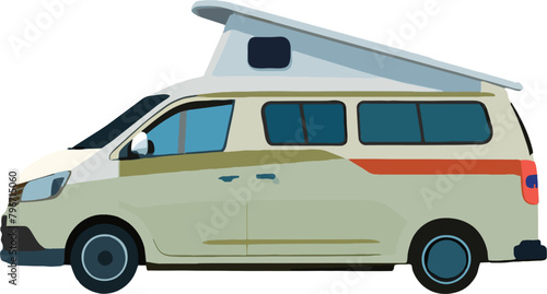 Illustration of a campervan with a beautiful mountain landscape backdrop-
