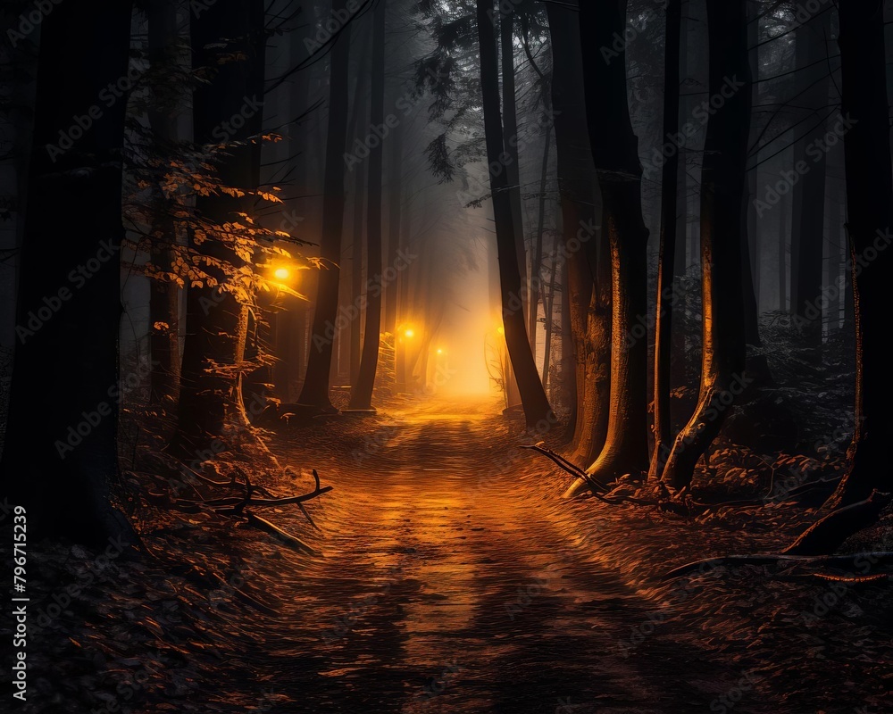 Fototapeta premium pathway through a dark forest at night illuminated by a few lanterns